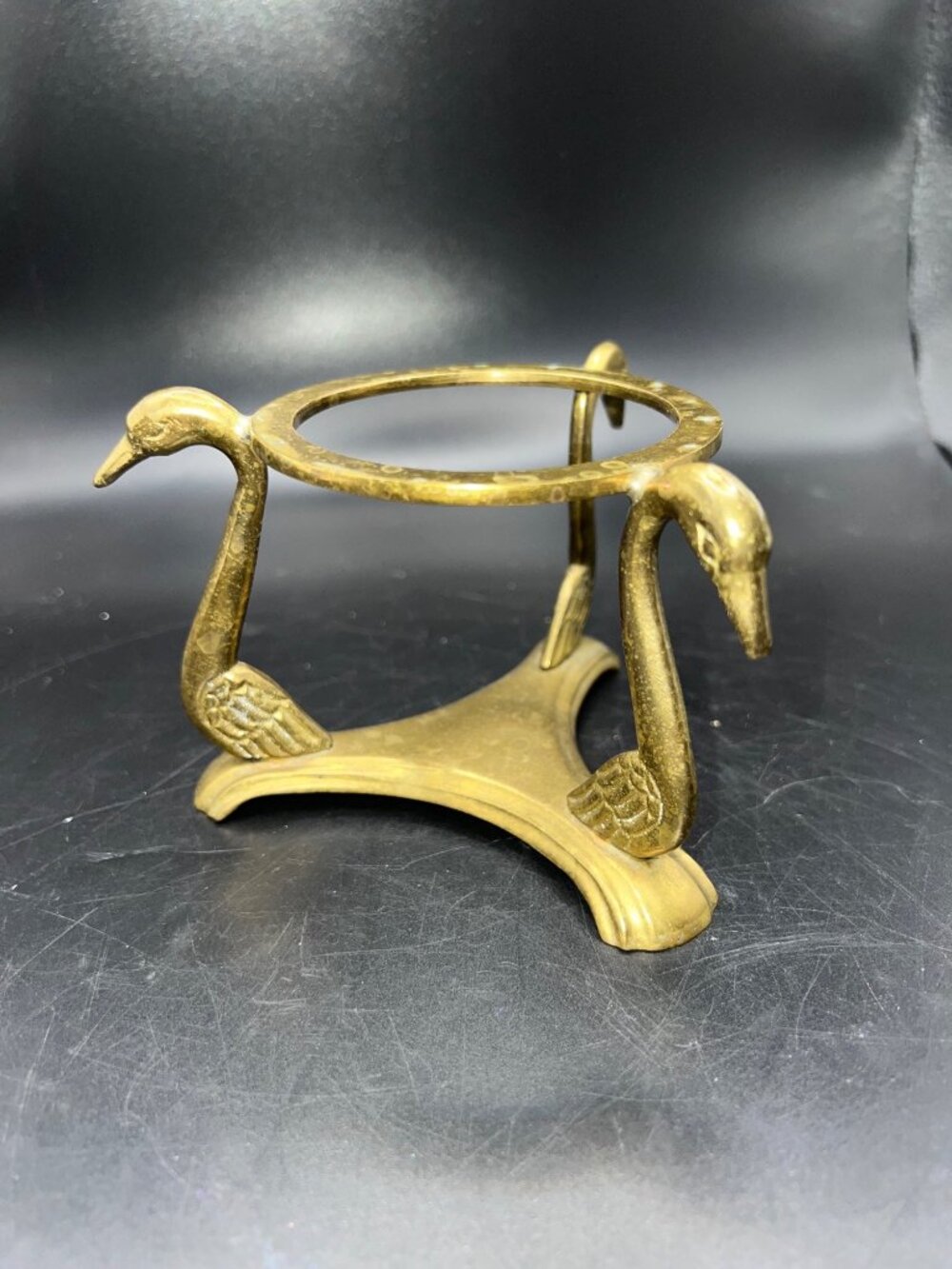 Vintage Solid Brass Swan Tripod Stand Holder Sphere Or Pot Display Mid Century